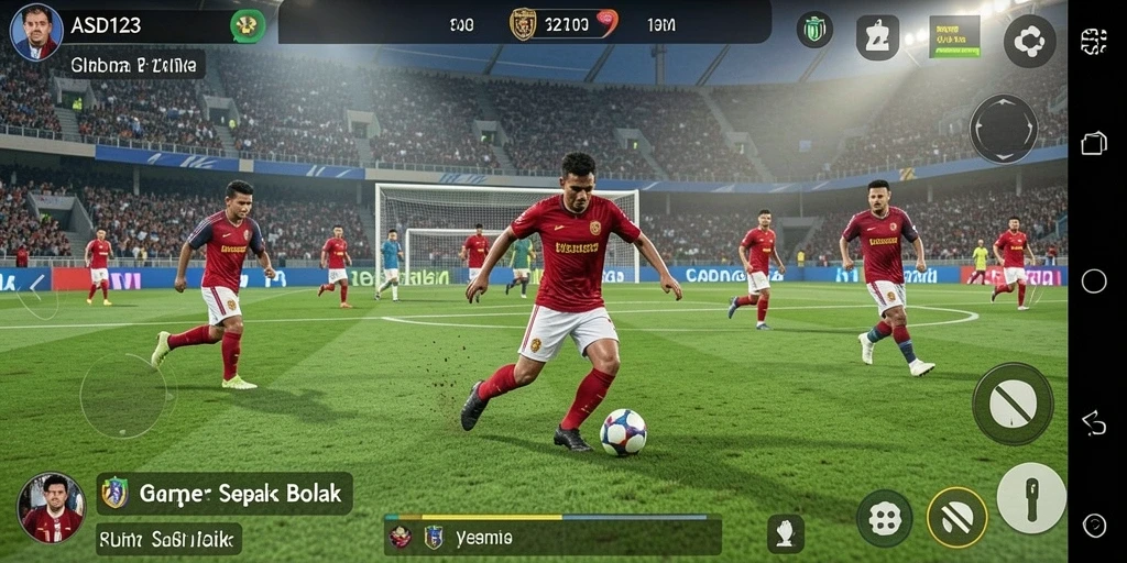 Screenshot gameplay yang menampilkan aksi seru di lapangan sepak bola.