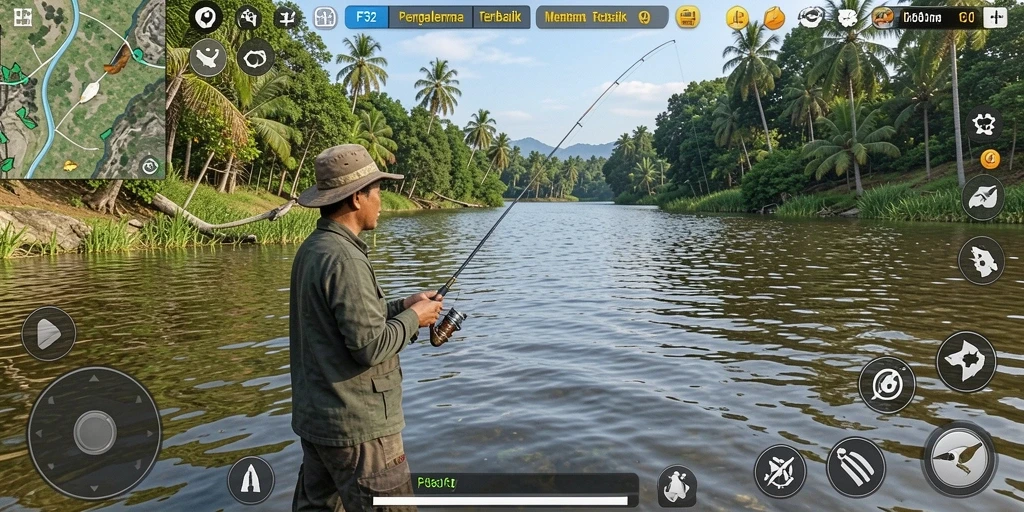 Gameplay F32 yang menegangkan di lokasi memancing yang indah.