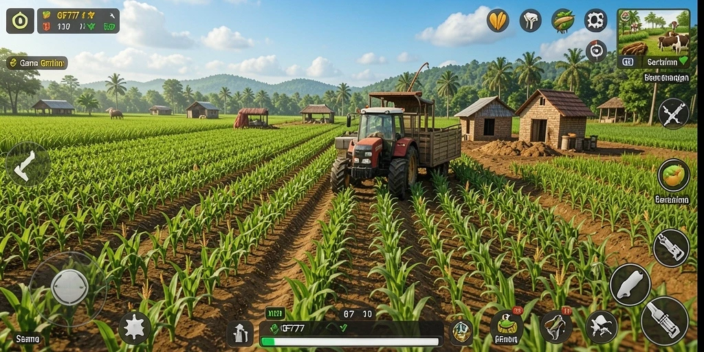 Screenshot dari gameplay GF777 yang menampilkan aktivitas bertani dan merawat hewan.