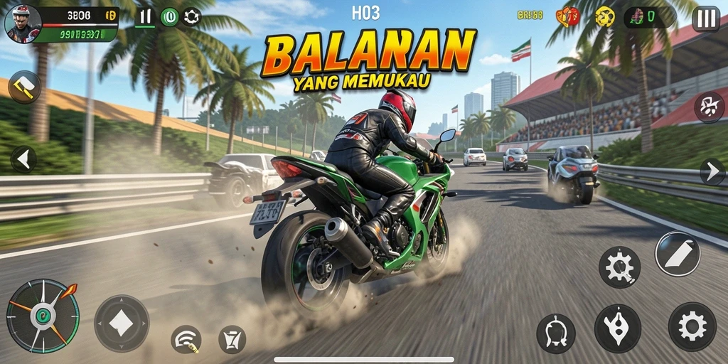Tampilan gameplay H03 dengan motor balap di trek yang menantang.