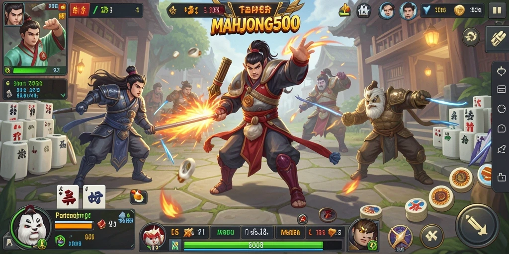 Screenshot gameplay MAHJONG500 yang menunjukkan aksi dalam pertempuran seru.