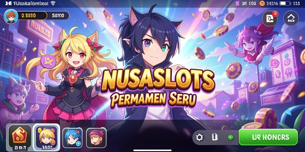 Screenshot gameplay NUSASLOTS menampilkan karakter anime yang menarik dan slot berwarna-warni.