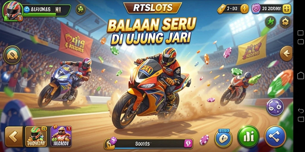 Screenshot gameplay RTSLOTS menampilkan balapan yang mendebarkan dan mobil berkecepatan tinggi.