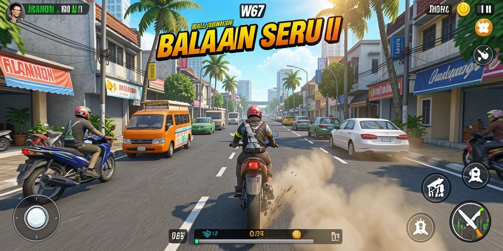 Screenshot gameplay W67 menampilkan aksi balapan yang mendebarkan.